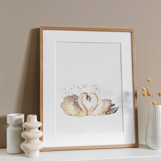 Swan Couple Portrait Splatter Style Artwork Fine Art Print (Unframed)