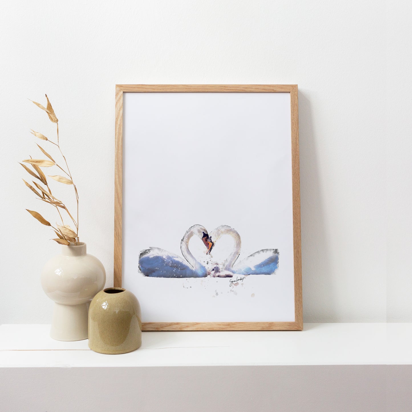 Swan Family Portrait Splatter Style Artwork Fine Art Print (Unframed)