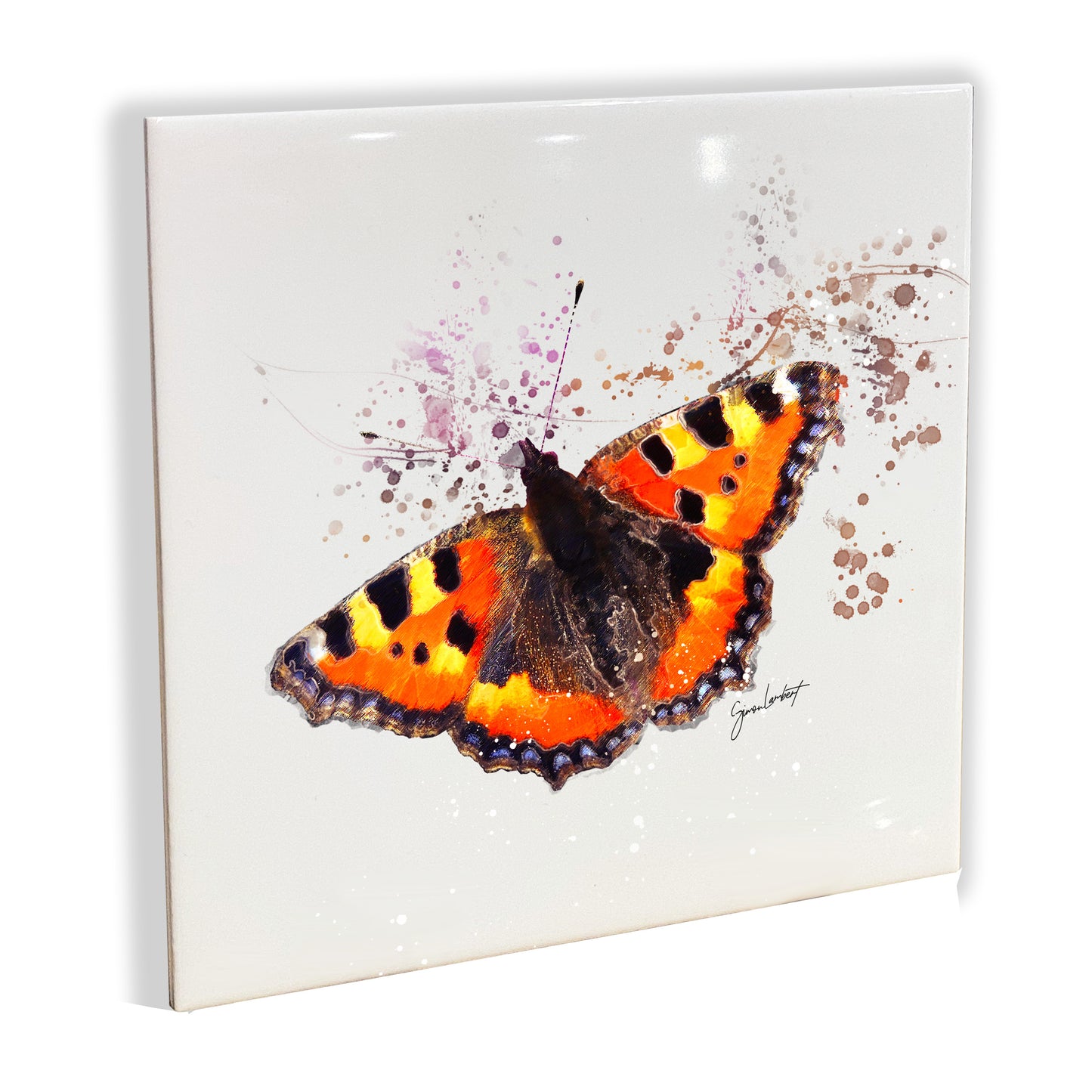 Tortoiseshell Butterfly Portrait Brush Splatter Style Artwork - Framed CERAMIC TILE Art