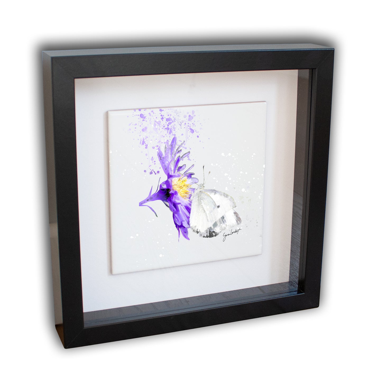 White Butterfly Portrait Brush Splatter Style Artwork - Framed CERAMIC TILE Art