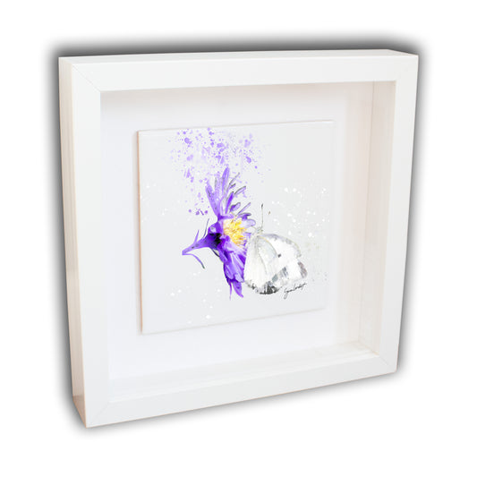 White Butterfly Portrait Brush Splatter Style Artwork - Framed CERAMIC TILE Art