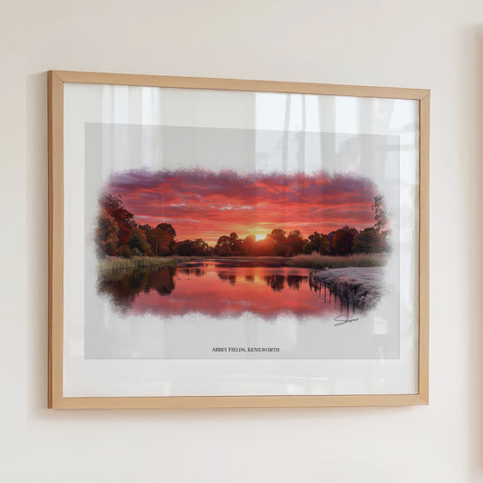 Kenilworth, Warwickshire Local Landmark Print - Abbey Fields Sunset by Simon Lambert. Framed or Unframed Print Various Sizes