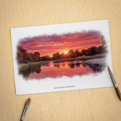 Kenilworth, Warwickshire Local Landmark Print - Abbey Fields Sunset by Simon Lambert. Framed or Unframed Print Various Sizes
