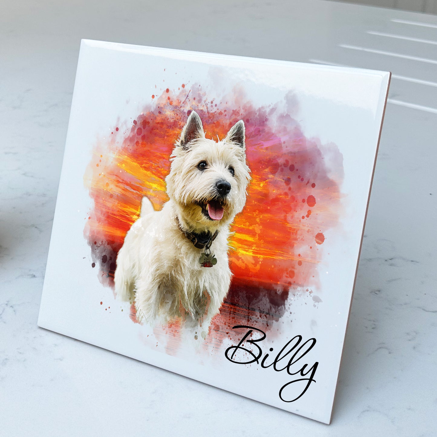 Personalised Pet Portrait Watercolour Style Artwork on Mounted Ceramic Tile