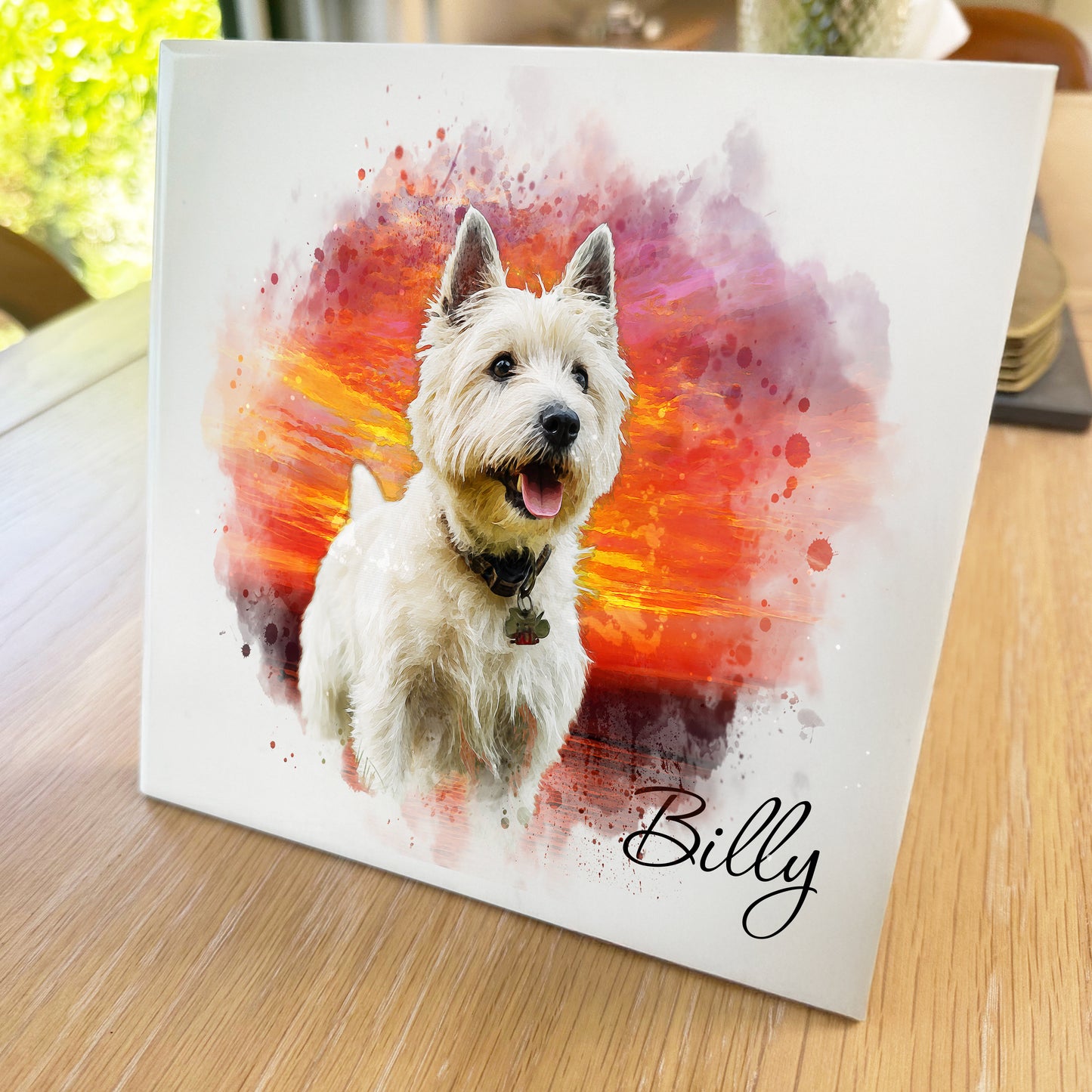 Personalised Pet Portrait Watercolour Style Artwork on Mounted Ceramic Tile