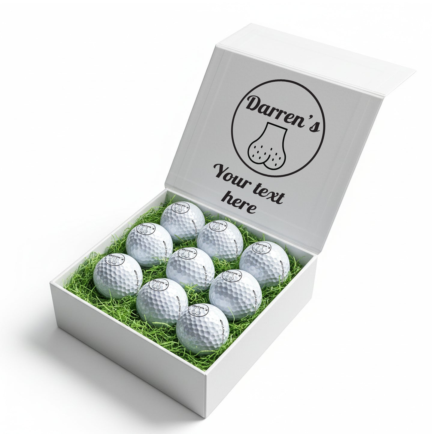 Personalised 9 Golf Ball Set in Customised Box - Joke Novelty "Custom Name's Balls!" with Branded Balls: Novelty Golfer's Gift, Father's Day, Birthday