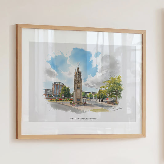 Kenilworth, Warwickshire Local Landmark Print - Kenilworth Clock Tower by Simon Lambert. Framed or Unframed Print Various Sizes