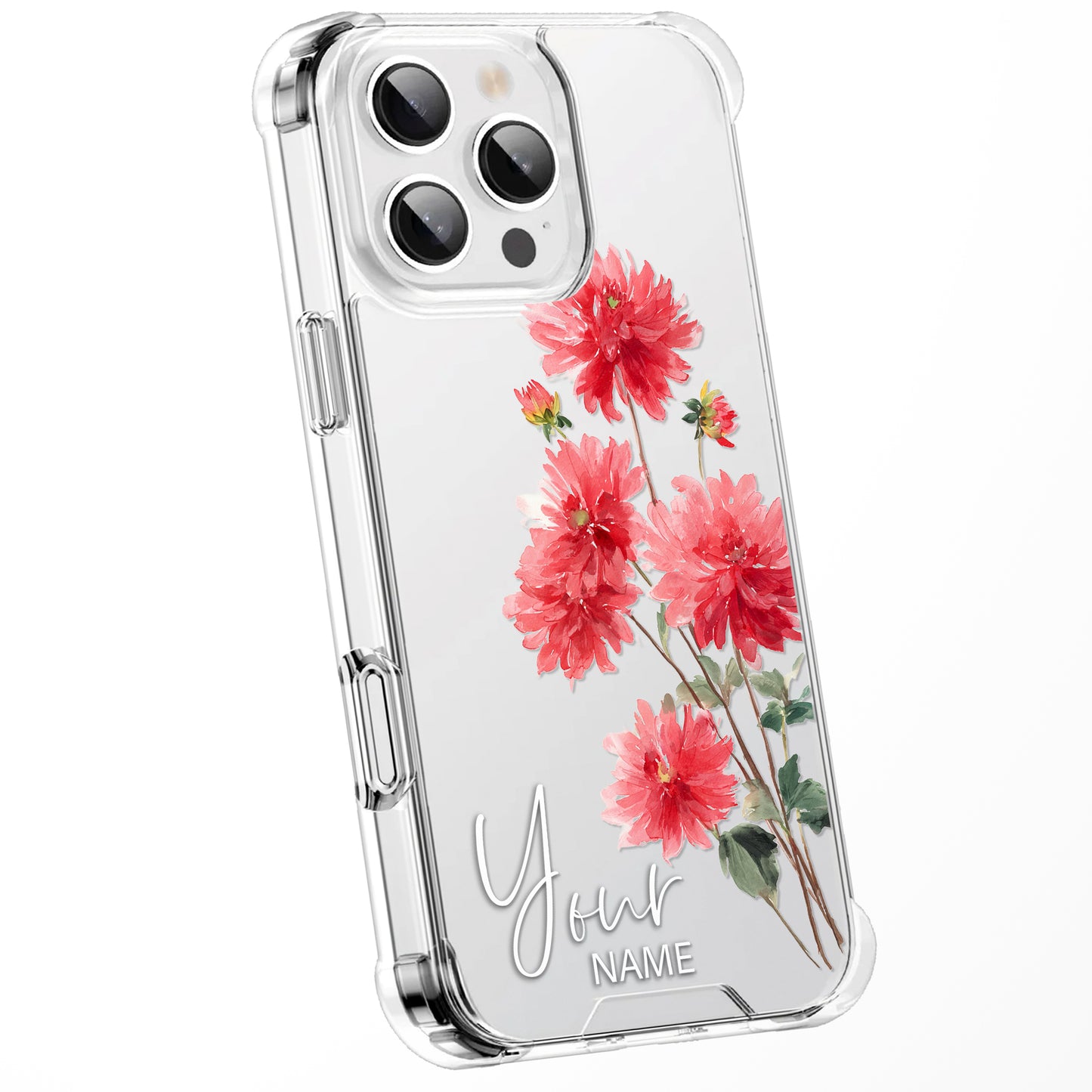 Personalised Floral Phone Case Custom Watercolour Pressed Flowers Luxury Cover, CLEAR Cover Roses iPhone 16 15 13 12 11 Plus Pro Samsung