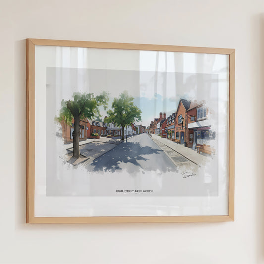 Kenilworth, Warwickshire Local Landmark Print - Kenilworth High Street by Simon Lambert. Framed or Unframed Print Various Sizes
