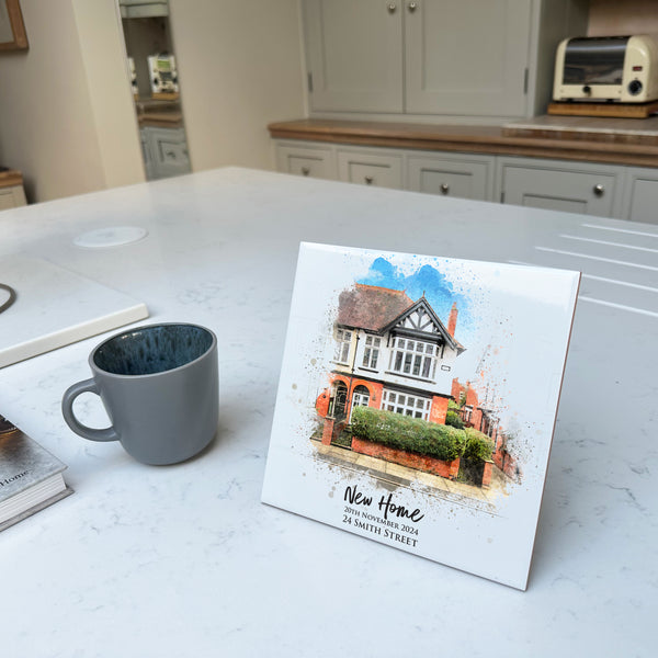 Personalised New Home / House Watercolour Style Artwork on Mounted Ceramic Tile