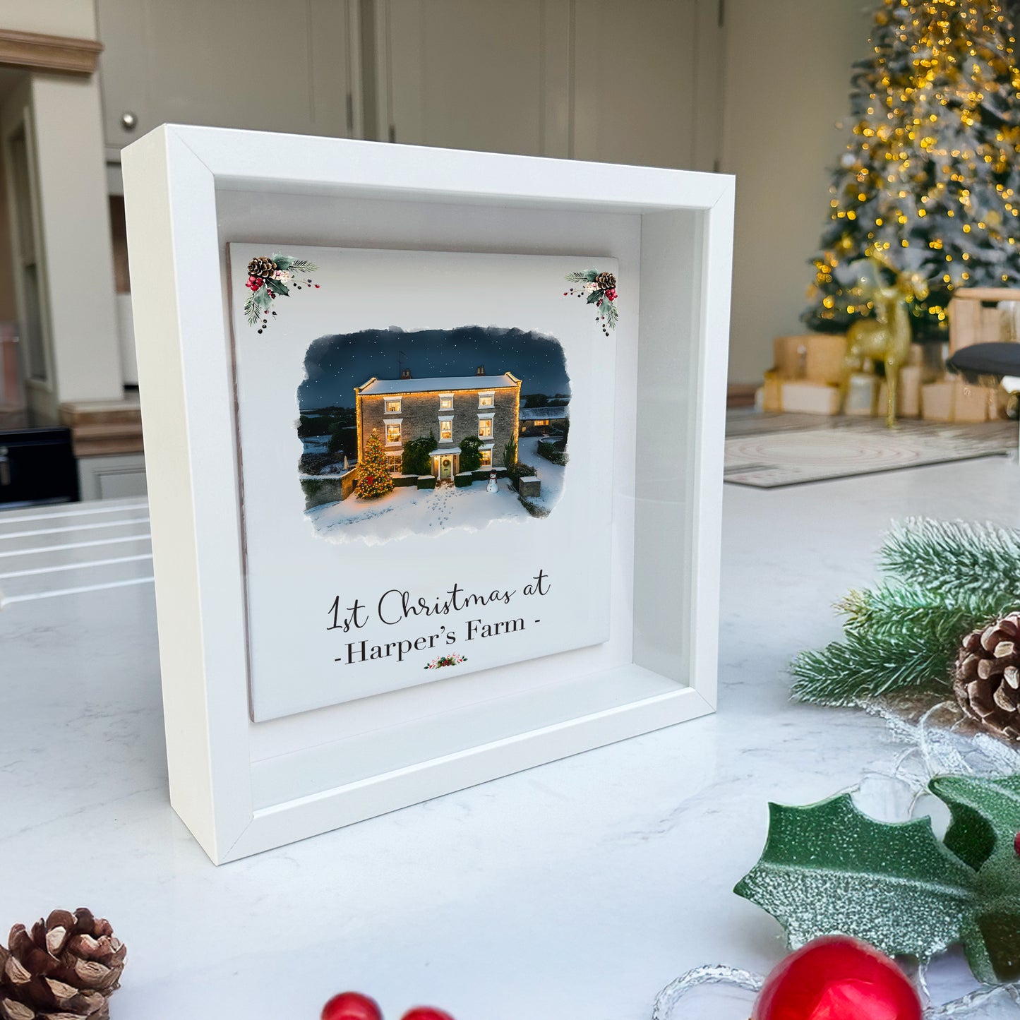 Custom Christmas Home/House Watercolour Scene Personalised Welcome Artwork. Framed or Unframed Print Various Sizes