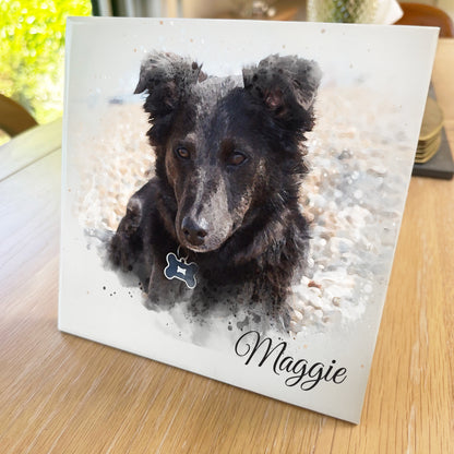 Personalised Pet Portrait Watercolour Style Artwork on Mounted Ceramic Tile