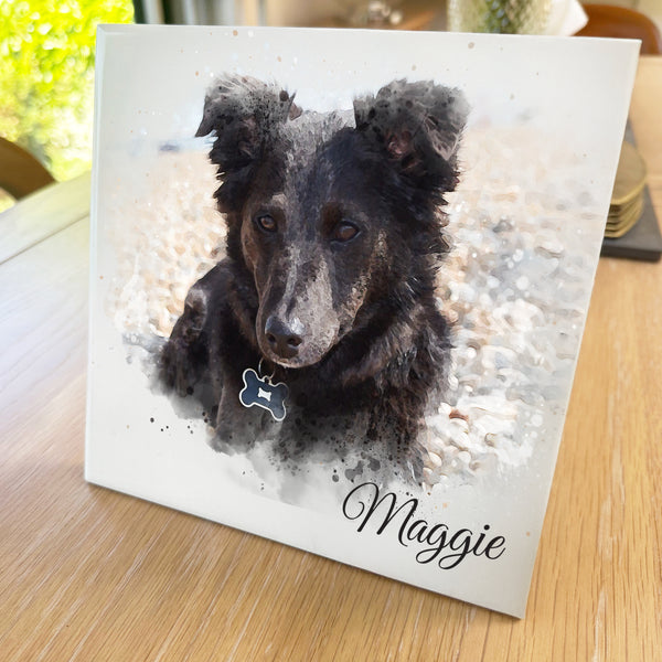 Personalised Pet Portrait Watercolour Style Artwork on Mounted Ceramic Tile