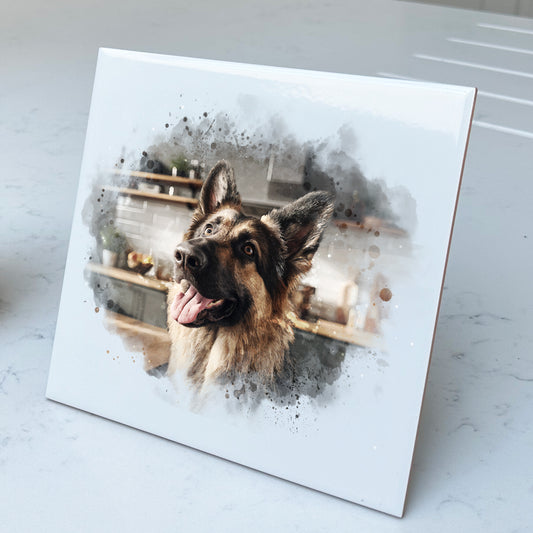 Personalised Pet Portrait Watercolour Style Artwork on Mounted Ceramic Tile