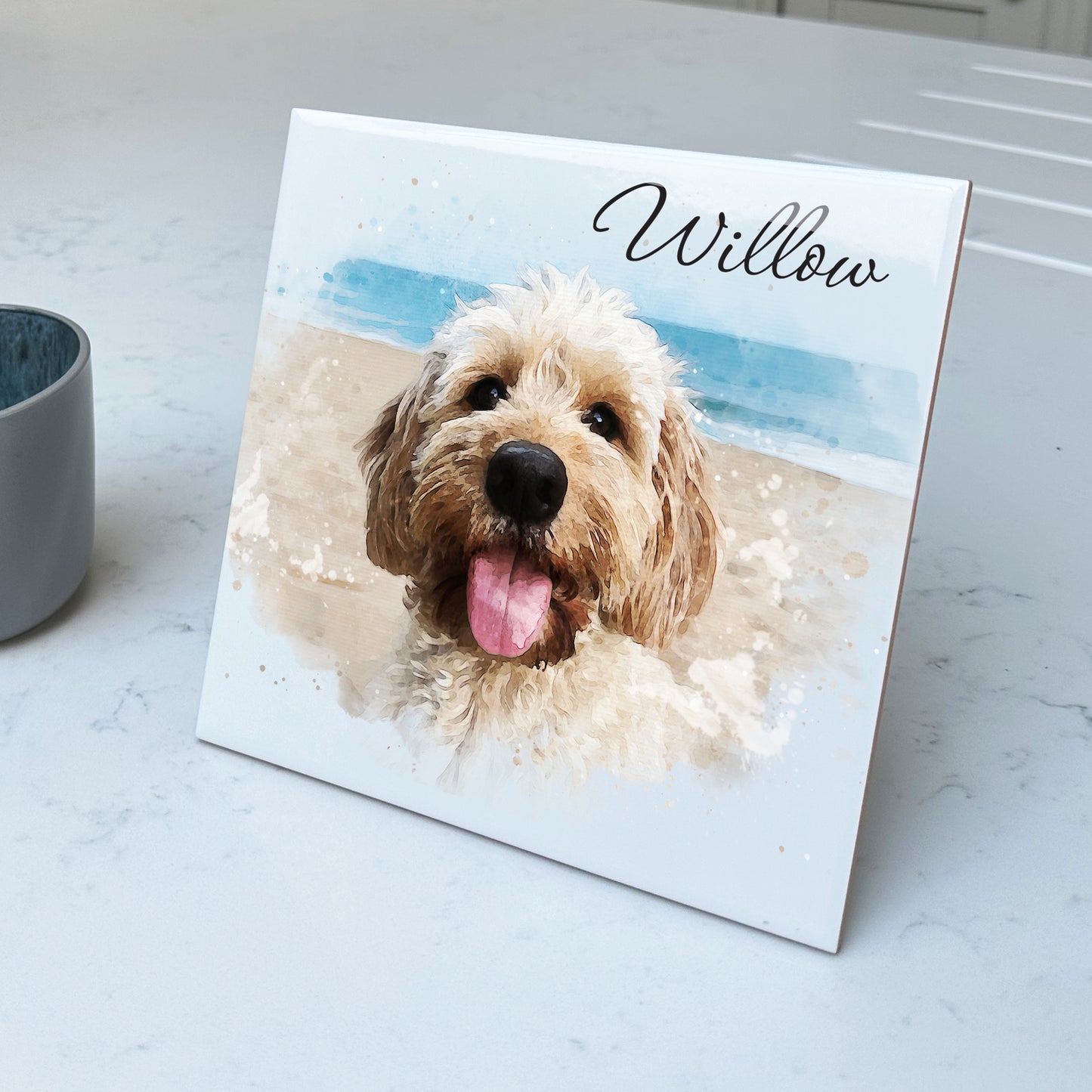Personalised Pet Portrait Watercolour Style Artwork on Mounted Ceramic Tile