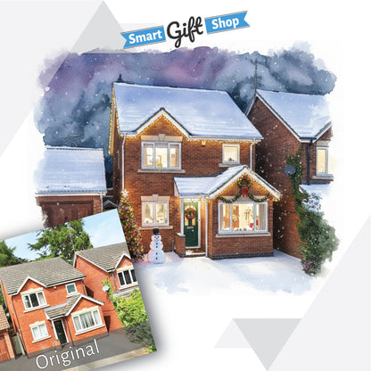 Custom Christmas Home/House Watercolour Scene Personalised Welcome Artwork. Framed or Unframed Print Various Sizes