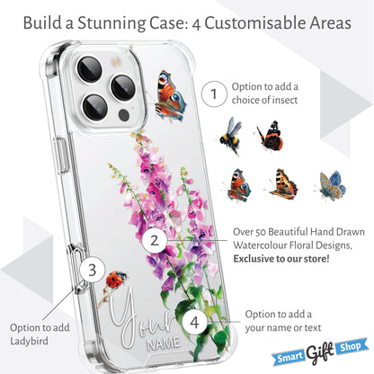 Personalised Floral Phone Case Custom Watercolour Pressed Flowers Luxury Cover, CLEAR Cover Roses iPhone 16 15 13 12 11 Plus Pro Samsung