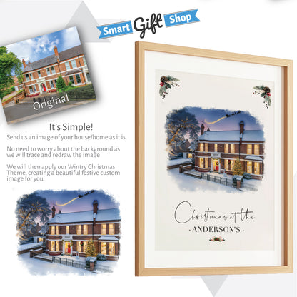 Custom Christmas Home/House Watercolour Scene Personalised Welcome Artwork. Framed or Unframed Print Various Sizes
