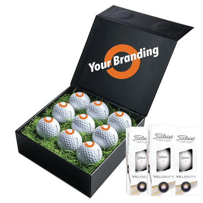 Personalised 9 Golf Ball Gift Set with Custom Branded Box | Corporate Golf Day & Company Logo Gifts