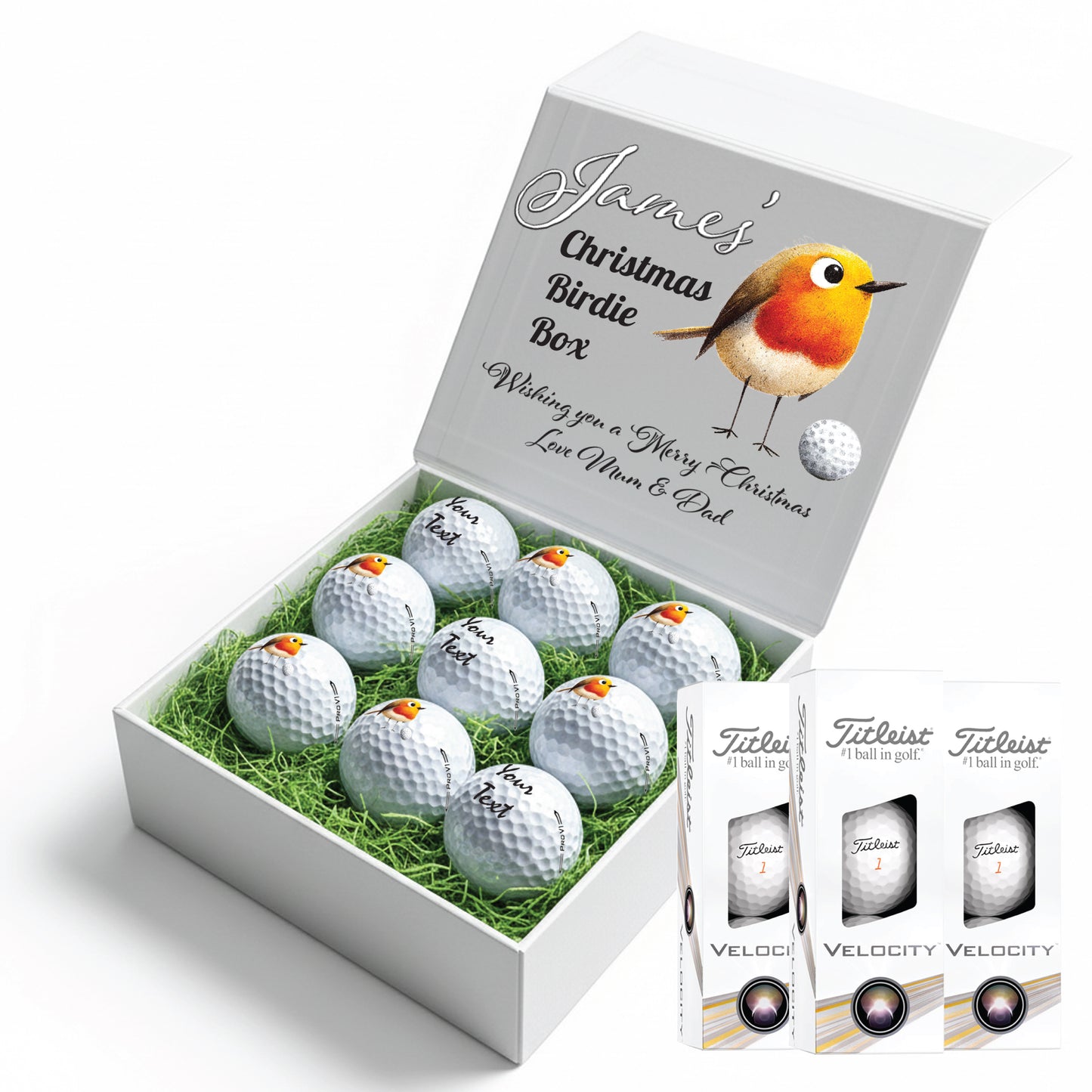Christmas Design 2 Personalised Branded 9 Golf Ball Set in Customised Box - Themed Golfer's Gift, Father's Day, Retirement, Birthday