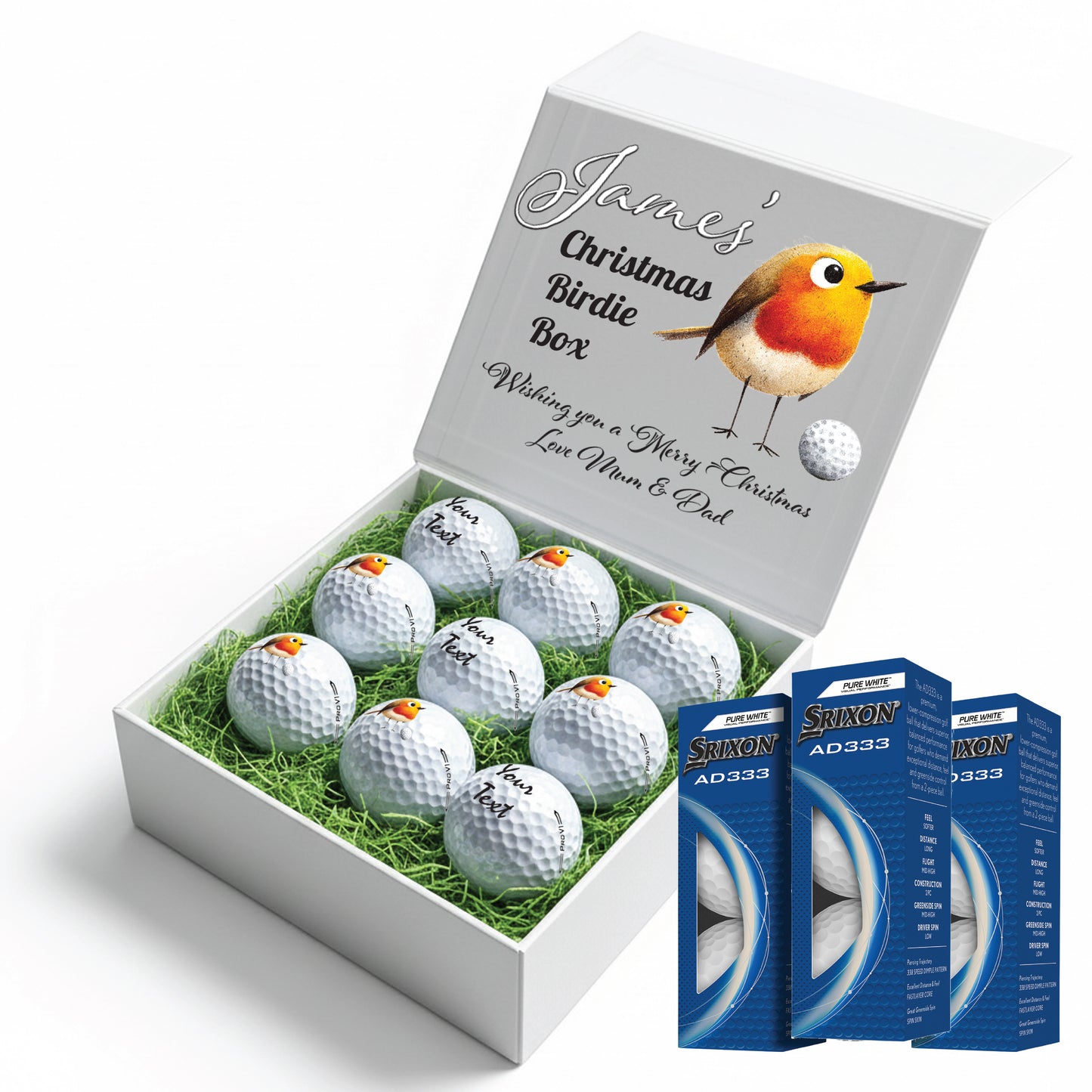 Christmas Design 2 Personalised Branded 9 Golf Ball Set in Customised Box - Themed Golfer's Gift, Father's Day, Retirement, Birthday