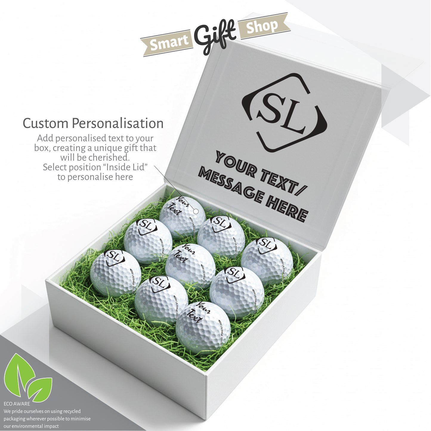 Personalised 9 Golf Ball Set in Customised Box - Your Own Monograms Initials with Branded Balls: Novelty Golfer's Gift, Father's Day, Birthday