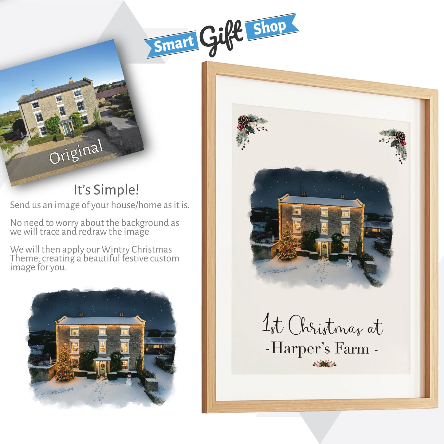 Custom Christmas Home/House Watercolour Scene Personalised Welcome Artwork. Framed or Unframed Print Various Sizes