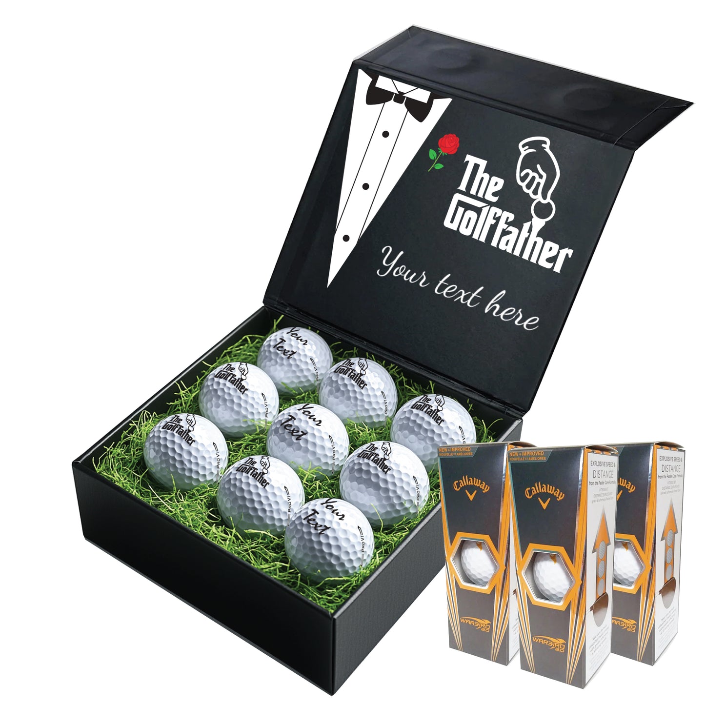 The Godfather Themed: Personalised Branded 9 Golf Ball Set in Customised Box - Golf Father Golfer's Gift, Father's Day, Wedding Favour, Birthday