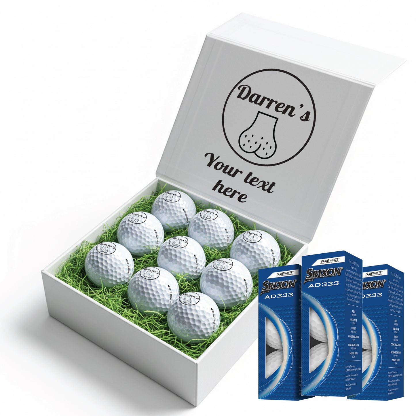 Personalised 9 Golf Ball Set in Customised Box - Joke Novelty "Custom Name's Balls!" with Branded Balls: Novelty Golfer's Gift, Father's Day, Birthday