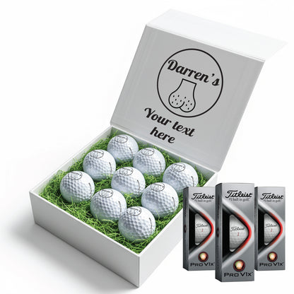 Personalised 9 Golf Ball Set in Customised Box - Joke Novelty "Custom Name's Balls!" with Branded Balls: Novelty Golfer's Gift, Father's Day, Birthday