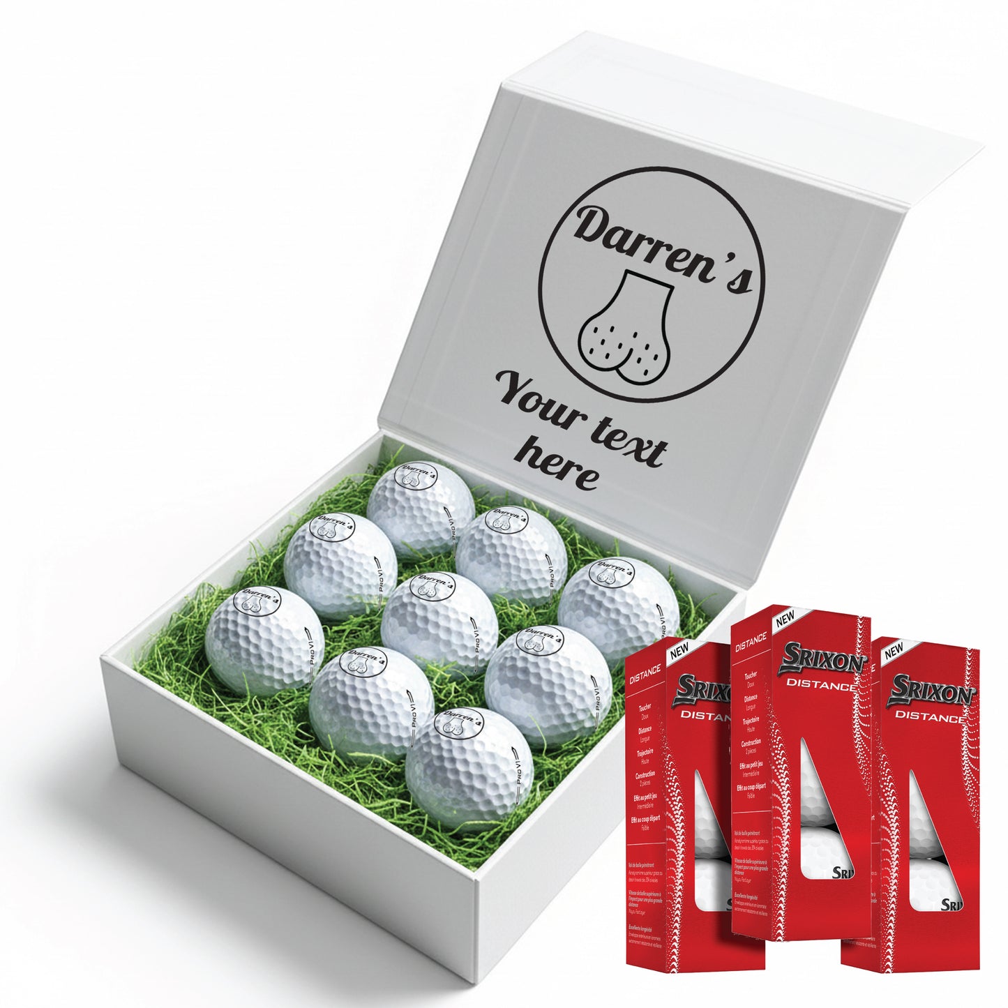 Personalised 9 Golf Ball Set in Customised Box - Joke Novelty "Custom Name's Balls!" with Branded Balls: Novelty Golfer's Gift, Father's Day, Birthday