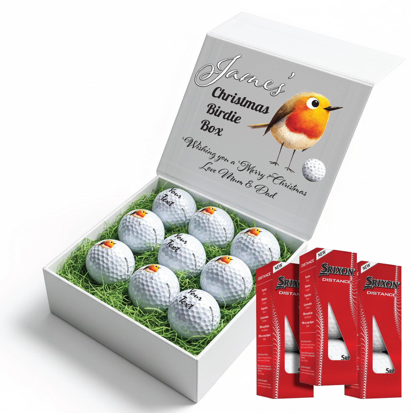 Christmas Design 2 Personalised Branded 9 Golf Ball Set in Customised Box - Themed Golfer's Gift, Father's Day, Retirement, Birthday