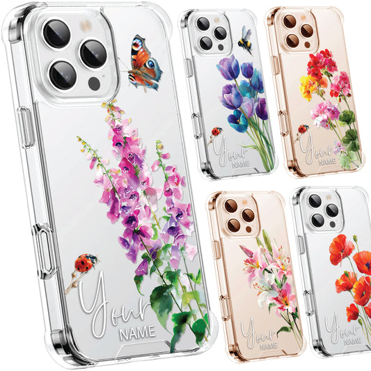 Personalised Floral Phone Case Custom Watercolour Pressed Flowers Luxury Cover, CLEAR Cover Roses iPhone 16 15 13 12 11 Plus Pro Samsung