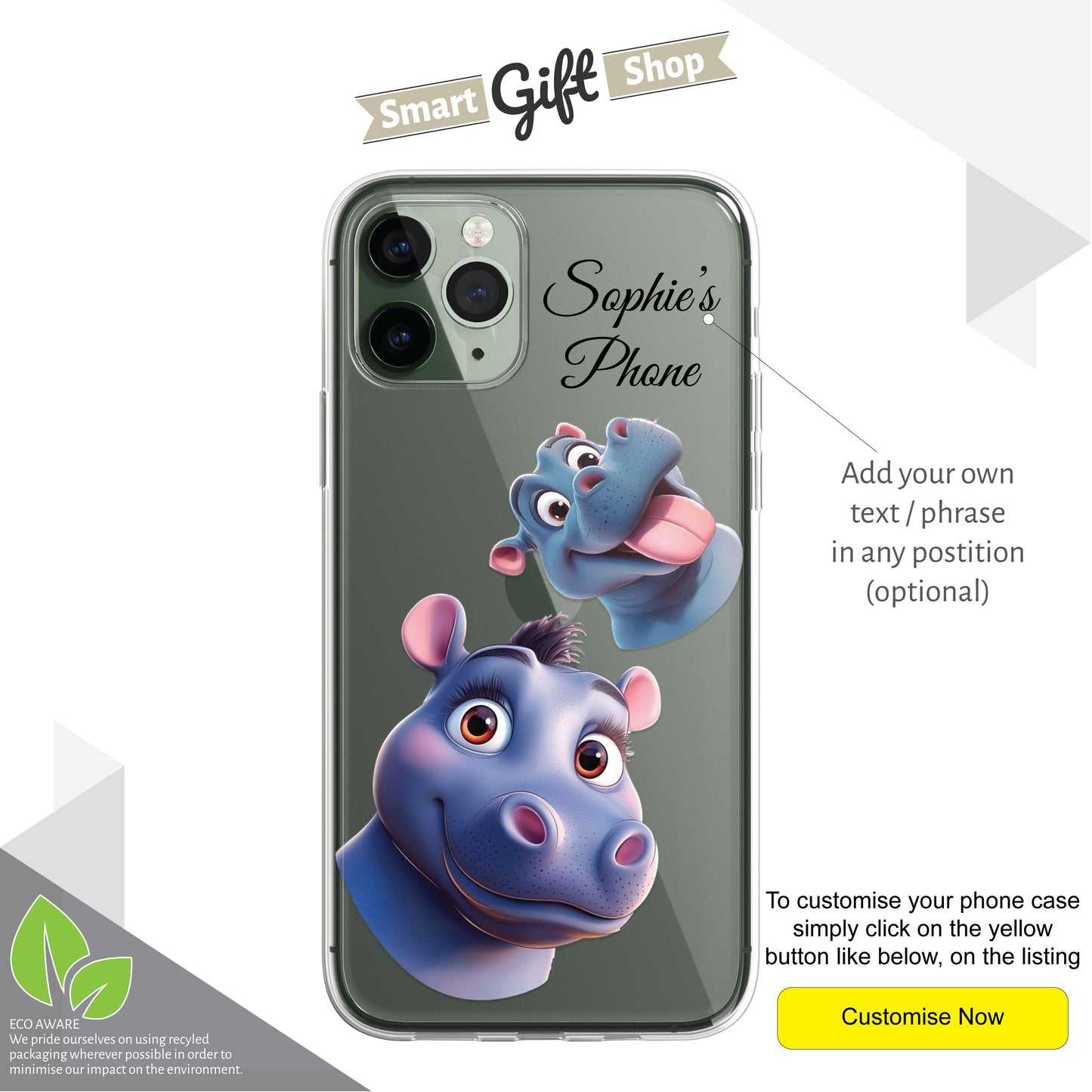 Hippo Custom Cartoon Phone Case Personalised CLEAR Cute Family Splatter Phone Cover Case for iPhone 16 15 14 13 12 11