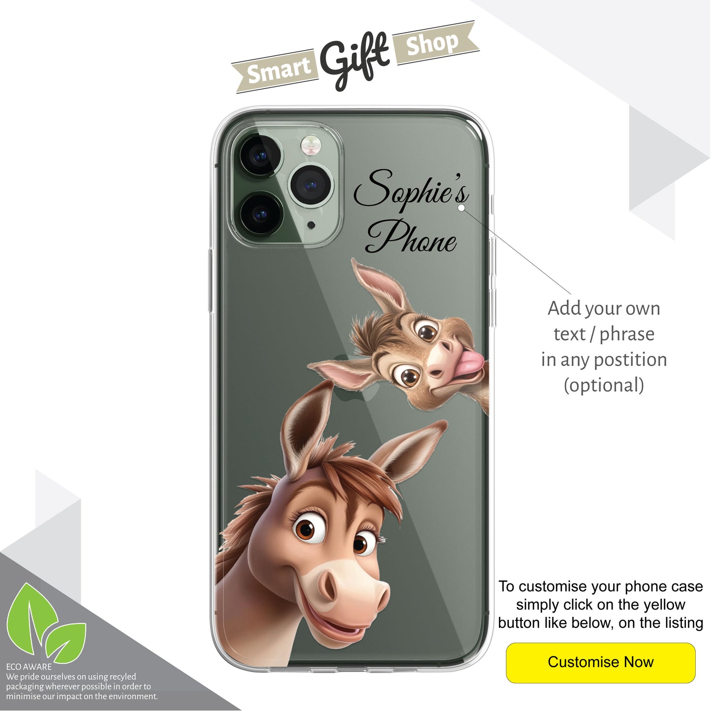 Donkey Custom Cartoon Phone Case Personalised CLEAR Cute Family Splatter Phone Cover Case for iPhone 16 15 14 13 12 11