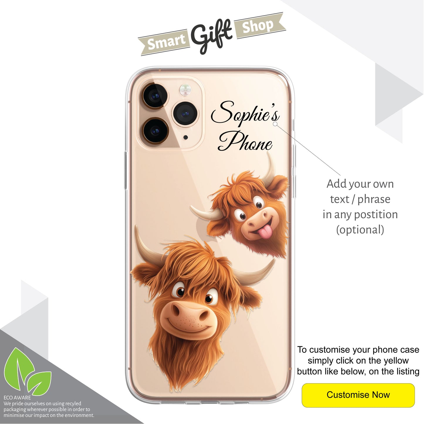 Highland Cow Custom Cartoon Phone Case Personalised CLEAR Cute Family Splatter Phone Cover Case for iPhone 16 15 14 13 12 11