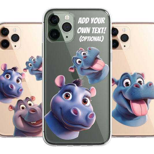 Hippo Custom Cartoon Phone Case Personalised CLEAR Cute Family Splatter Phone Cover Case for iPhone 16 15 14 13 12 11