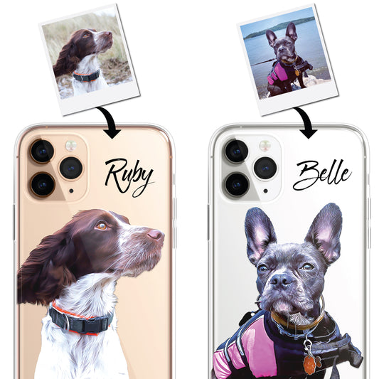 Personalised Pet Portrait Phone Case – Clear Silicone with Custom Brush Art Background | iPhone & Samsung