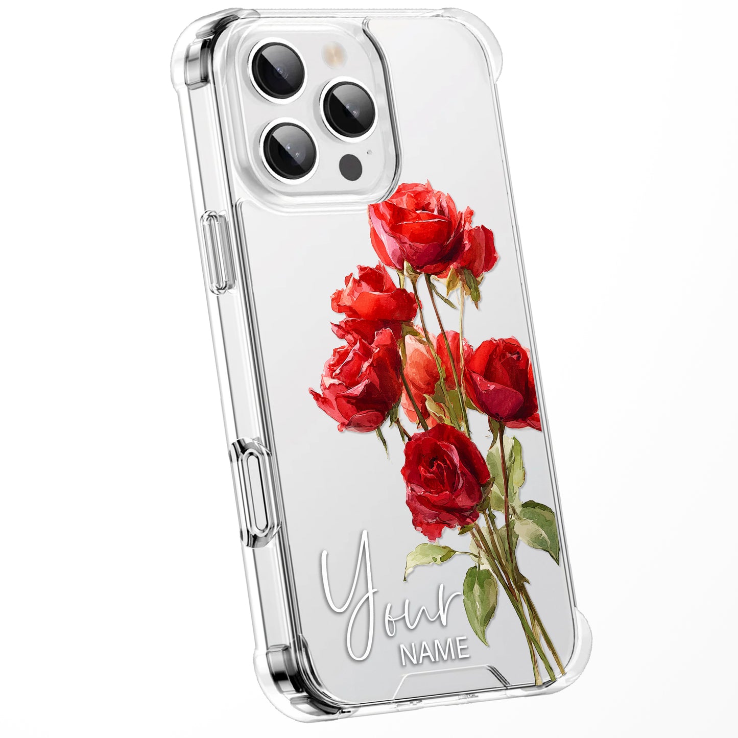 Personalised Floral Phone Case Custom Watercolour Pressed Flowers Luxury Cover, CLEAR Cover Roses iPhone 16 15 13 12 11 Plus Pro Samsung