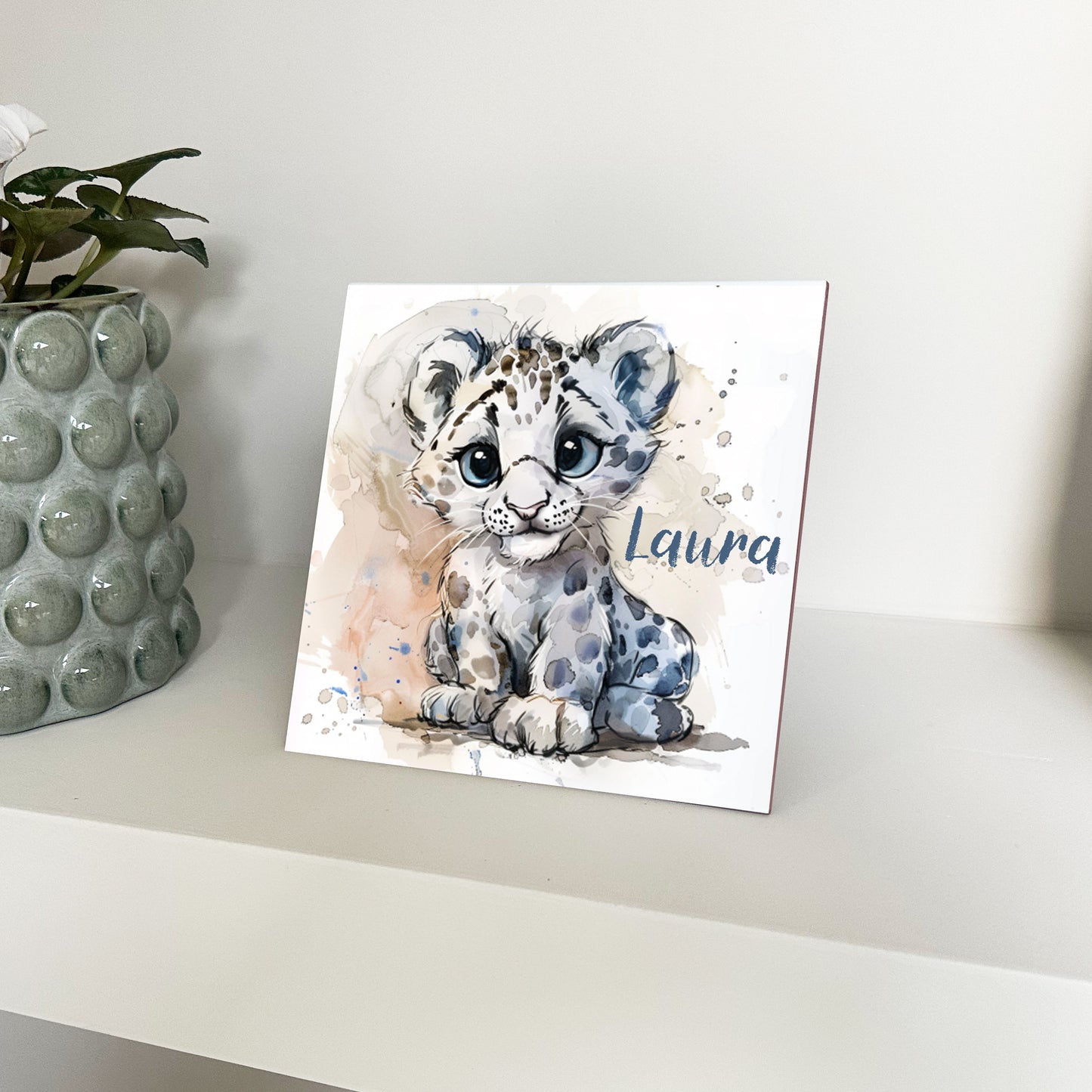 Personalised Baby Snow Leopard Artwork - Framed CERAMIC TILE Print