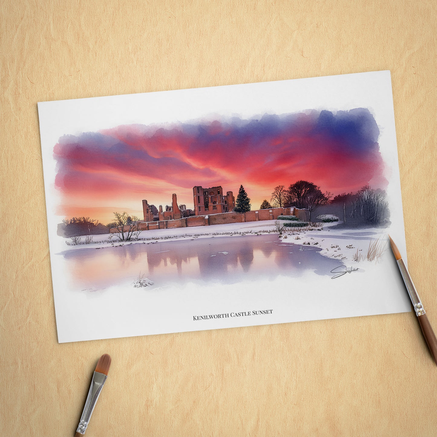 Kenilworth, Warwickshire Local Landmark Print - Kenilworth Castle Sunset by Simon Lambert. Framed or Unframed Print Various Sizes