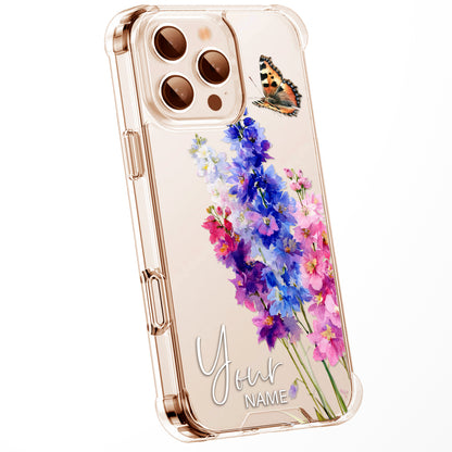 Personalised Floral Phone Case Custom Watercolour Pressed Flowers Luxury Cover, CLEAR Cover Roses iPhone 16 15 13 12 11 Plus Pro Samsung