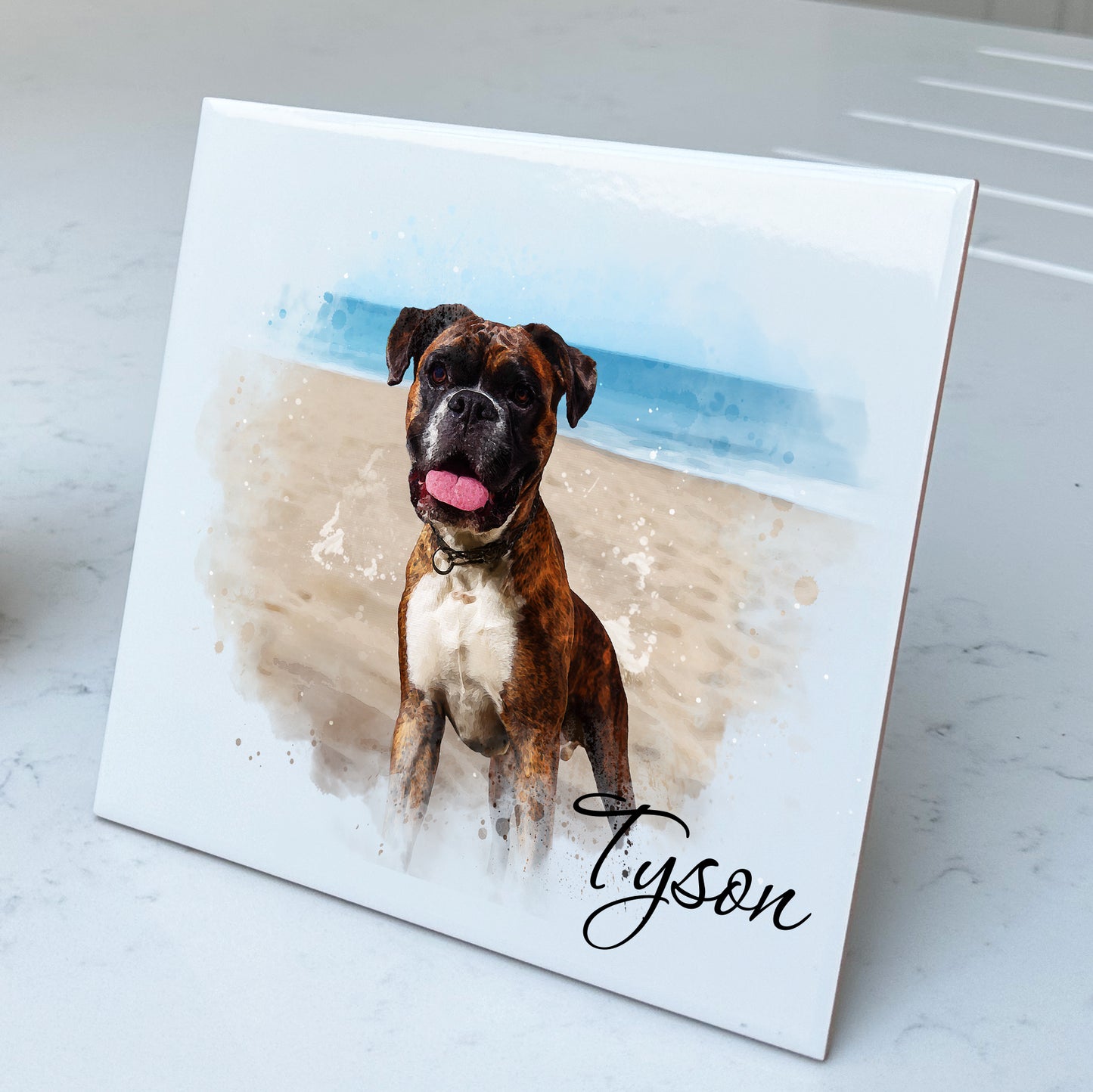 Personalised Pet Portrait Watercolour Style Artwork on Mounted Ceramic Tile