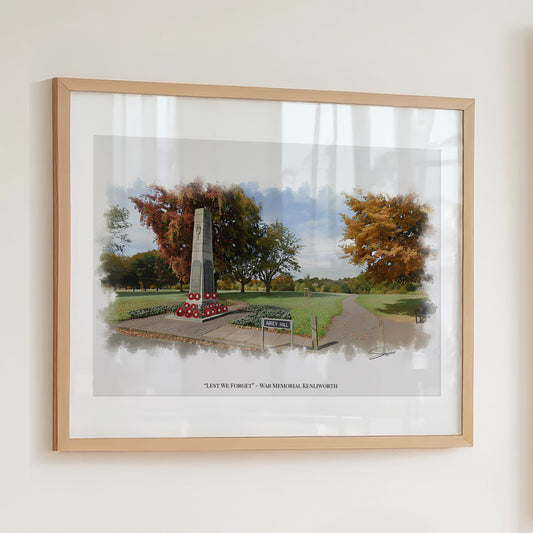 Kenilworth, Warwickshire Local Landmark Print - War Memorial Kenilworth by Simon Lambert. Framed or Unframed Print Various Sizes