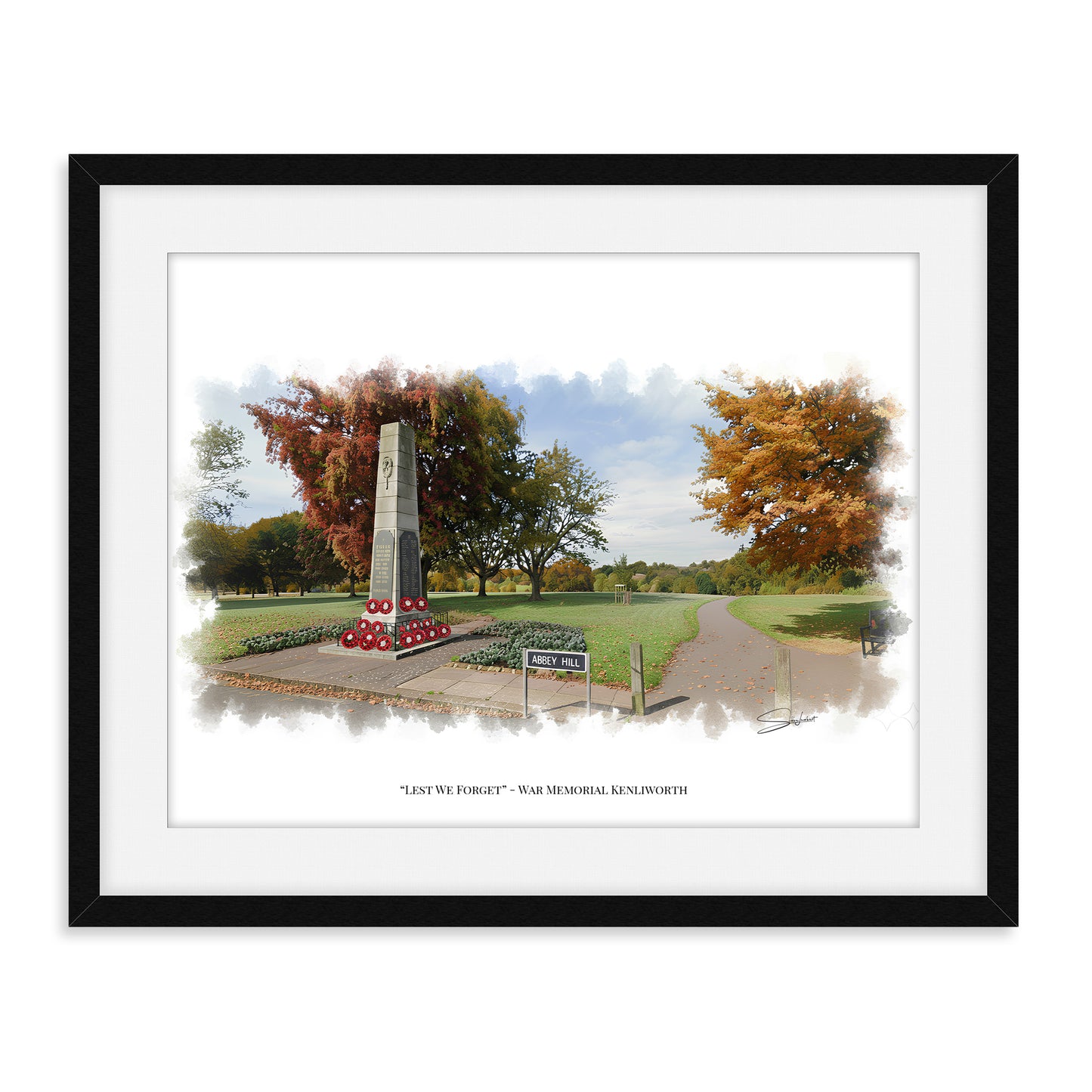 Kenilworth, Warwickshire Local Landmark Print - War Memorial Kenilworth by Simon Lambert. Framed or Unframed Print Various Sizes
