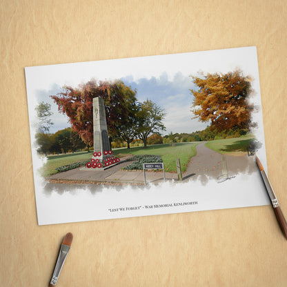 Kenilworth, Warwickshire Local Landmark Print - War Memorial Kenilworth by Simon Lambert. Framed or Unframed Print Various Sizes