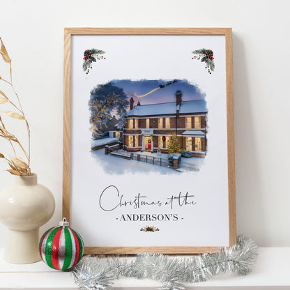 Custom Christmas Home/House Watercolour Scene Personalised Welcome Artwork. Framed or Unframed Print Various Sizes