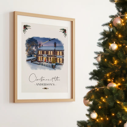 Custom Christmas Home/House Watercolour Scene Personalised Welcome Artwork. Framed or Unframed Print Various Sizes