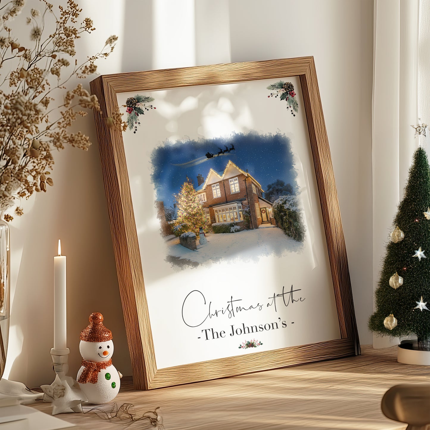 Custom Christmas Home/House Watercolour Scene Personalised Welcome Artwork. Framed or Unframed Print Various Sizes