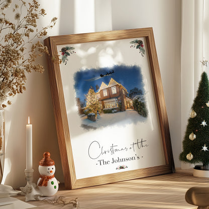 Custom Christmas Home/House Watercolour Scene Personalised Welcome Artwork. Framed or Unframed Print Various Sizes